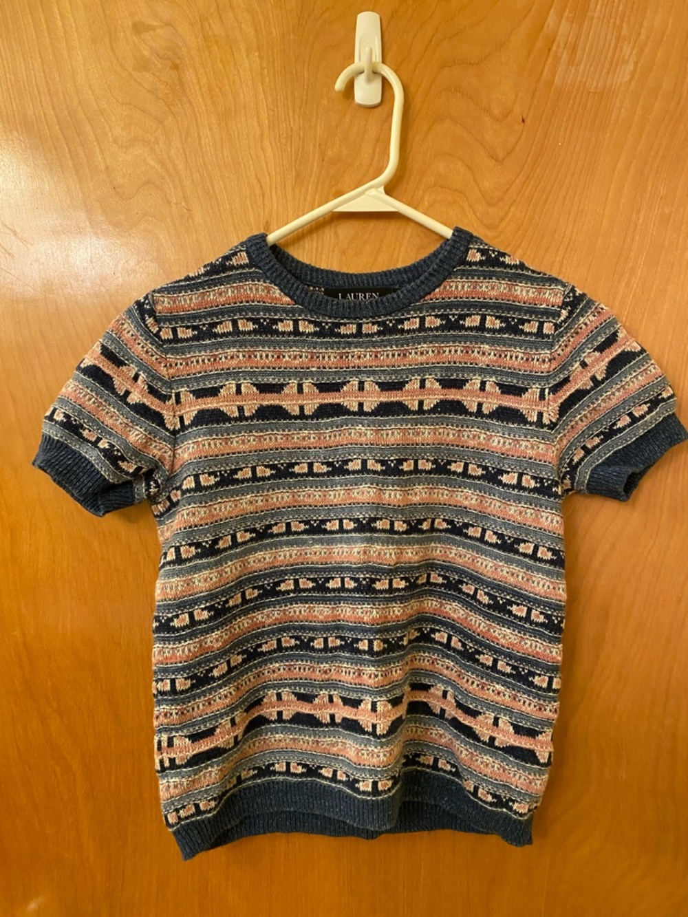 Ralph Lauren Navy and Pink Geo-Pattern Short-Sleeve Crewneck Sweater